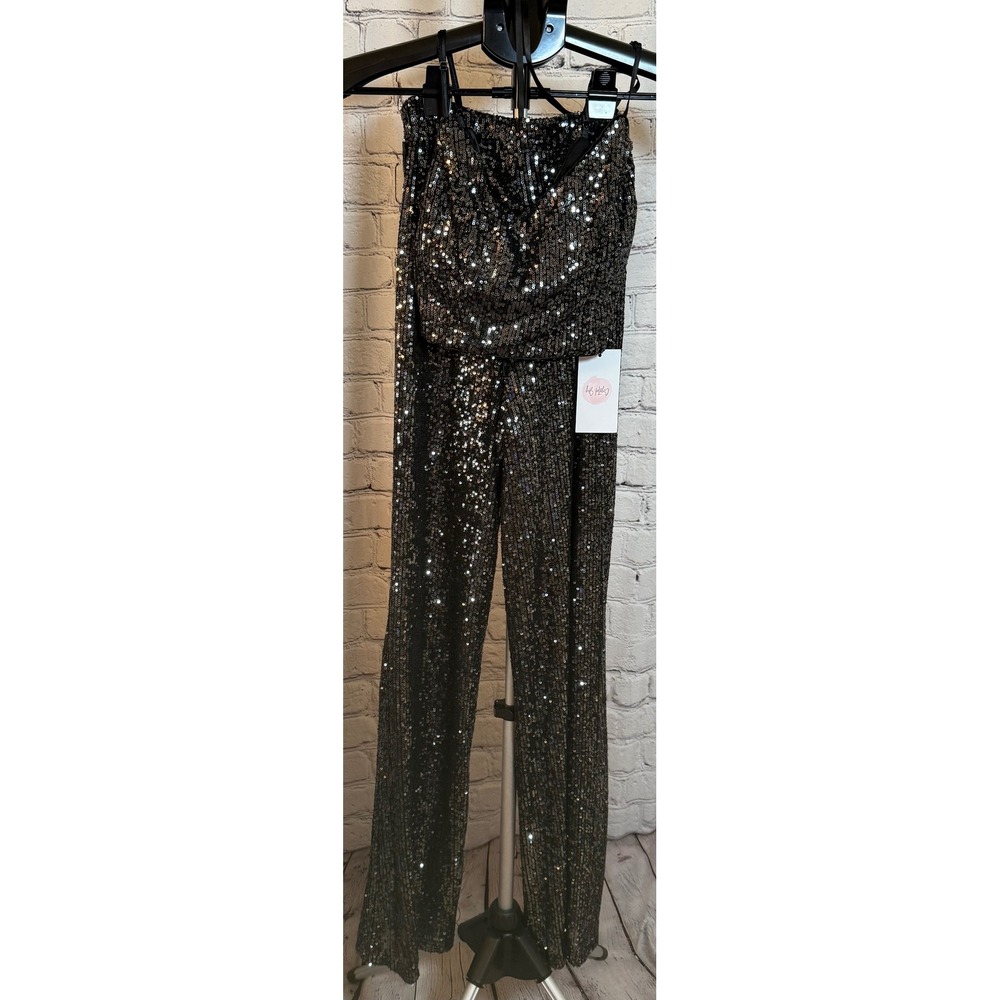 Crystal Sky Womens Black Sequin‎ 2 Piece Set Lace Up Crop Top with Pants XS NWT